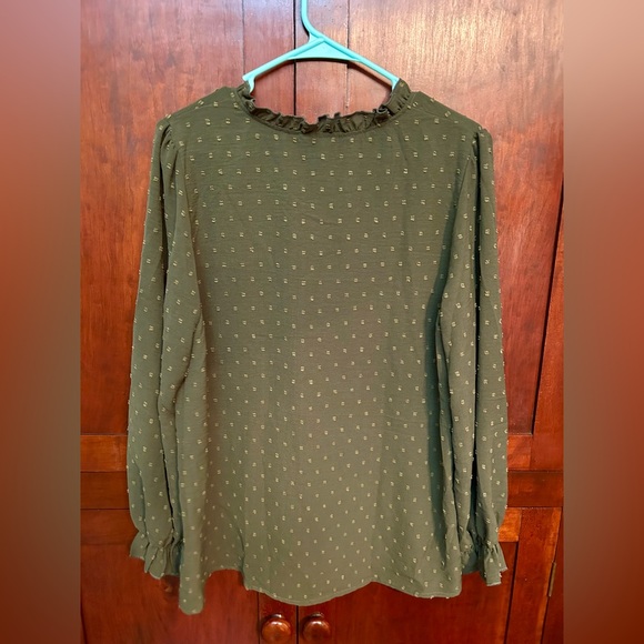 Amazon Olive Button V-Neck Blouse with Ruffle Sleeve Hem - Picture 4 of 12